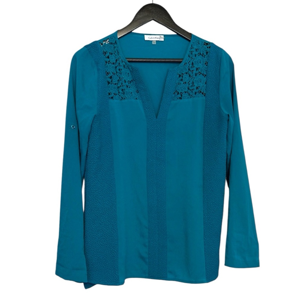 Calvin Klein Teal Lace Inlet Blouse Long Sleeve Women’s Small Office Business